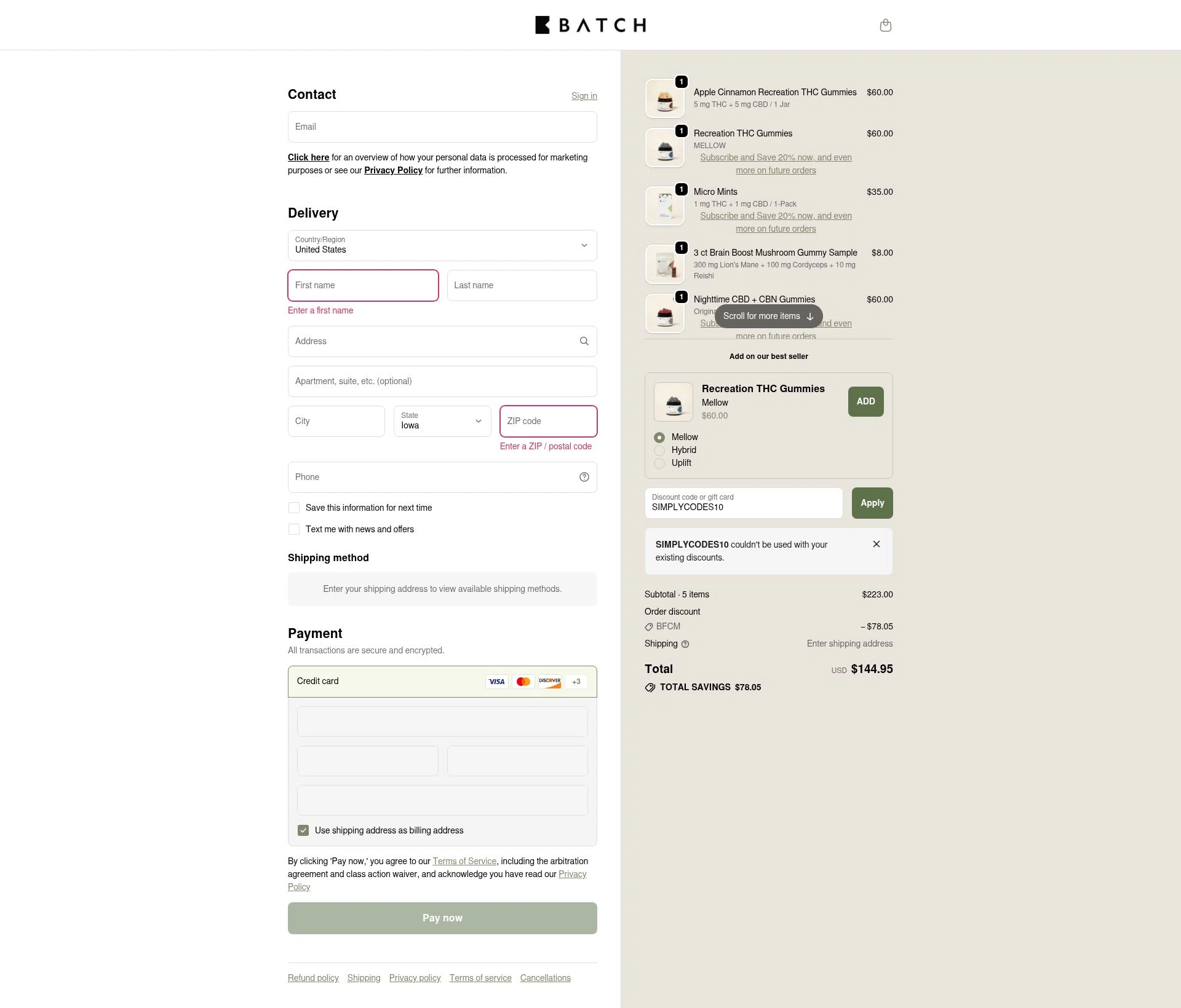 BATCH CBD checkout page showing BATCH CBD discount code box | Screenshot taken by SimplyCodes community member on Nov 25, 2025
