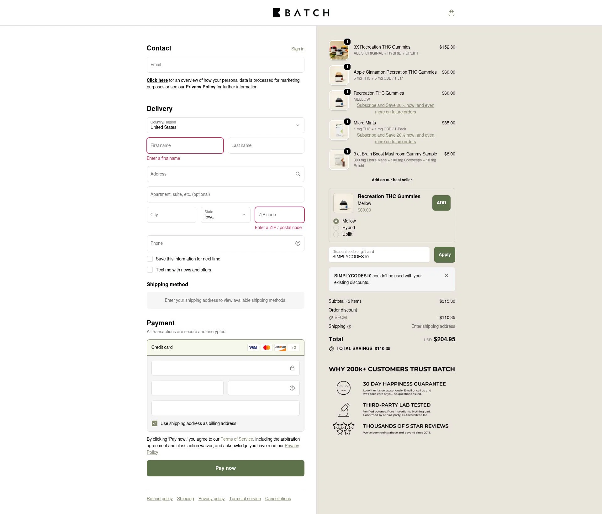 BATCH CBD checkout page showing BATCH CBD discount code box | Screenshot taken by SimplyCodes community member on Nov 30, 2025