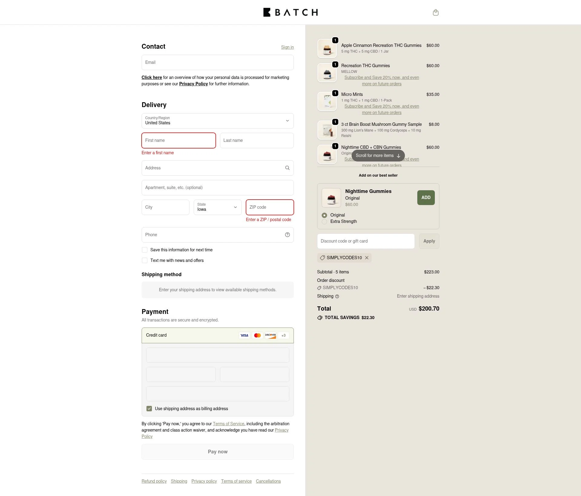 BATCH CBD checkout page showing BATCH CBD discount code box | Screenshot taken by SimplyCodes community member on Dec 11, 2025