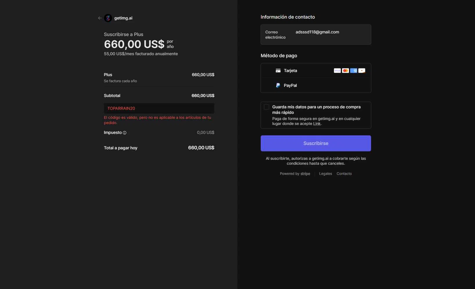 getimg.ai checkout page showing getimg.ai promo code box | Screenshot taken by SimplyCodes community member on Oct 9, 2025