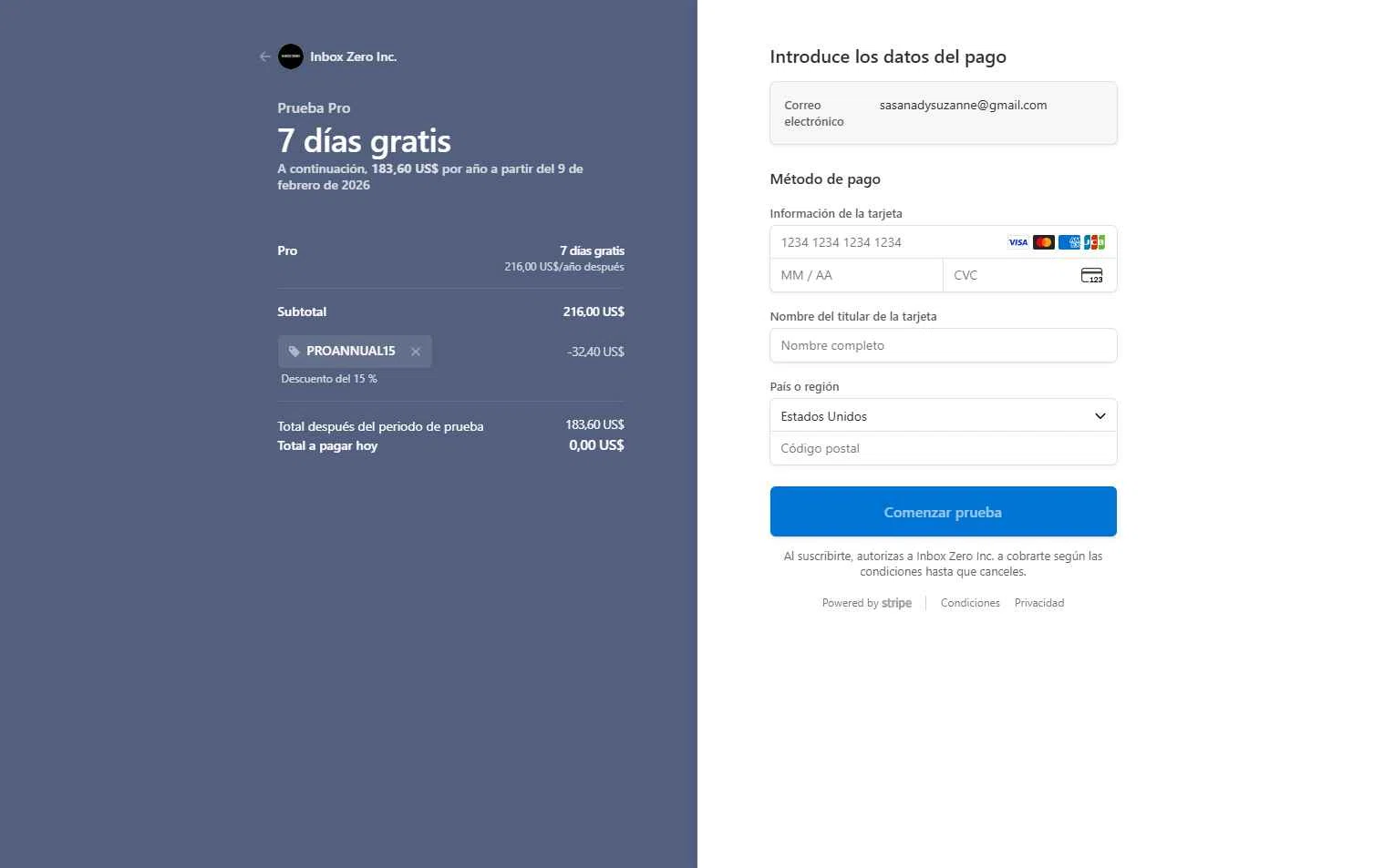 Getinboxzero.com checkout page showing Getinboxzero.com promo code box | Screenshot taken by SimplyCodes community member on Feb 2, 2026