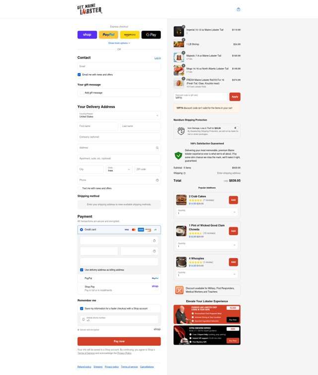GetMaineLobster.com checkout page showing GetMaineLobster.com discount code box | Screenshot taken by SimplyCodes community member on Sep 5, 2025