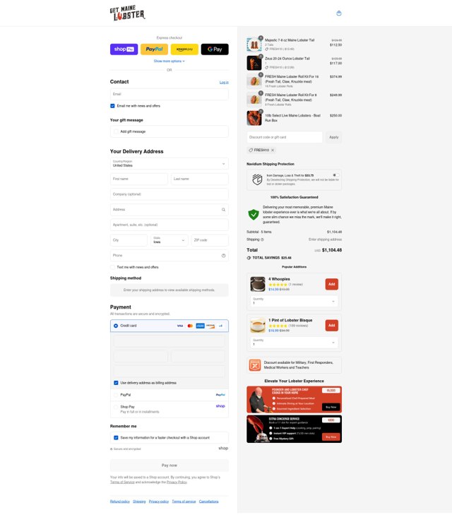 GetMaineLobster.com checkout page showing GetMaineLobster.com discount code box | Screenshot taken by SimplyCodes community member on Aug 28, 2025