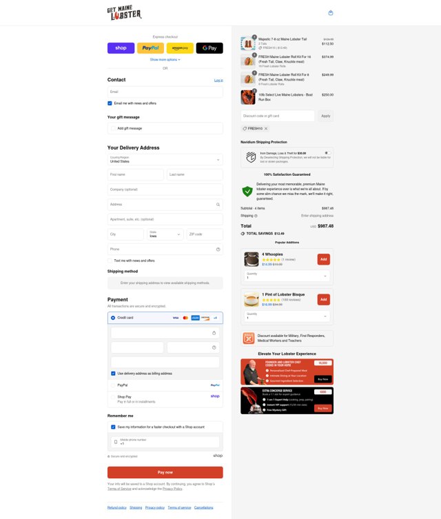 GetMaineLobster.com checkout page showing GetMaineLobster.com discount code box | Screenshot taken by SimplyCodes community member on Sep 1, 2025