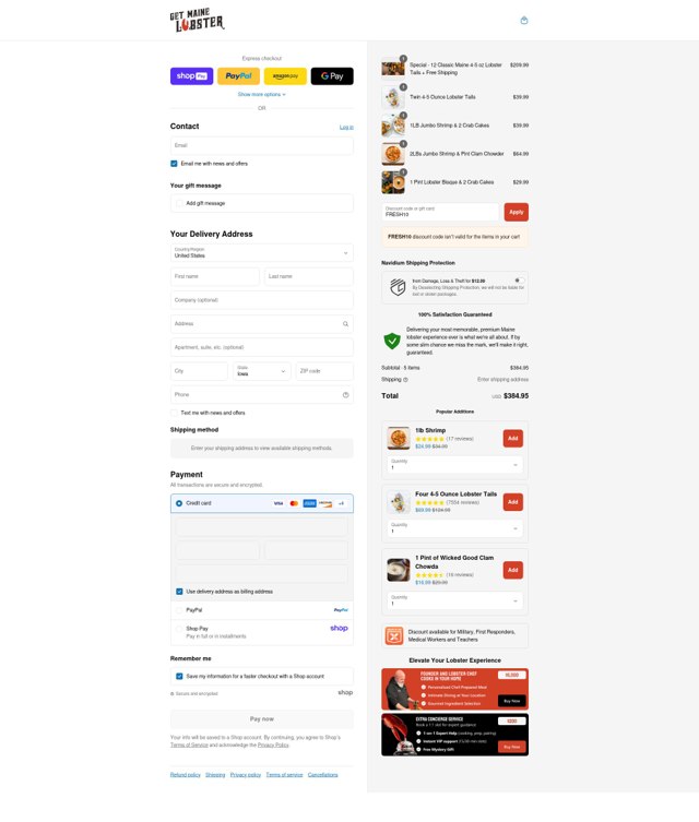 GetMaineLobster.com checkout page showing GetMaineLobster.com discount code box | Screenshot taken by SimplyCodes community member on Aug 14, 2025