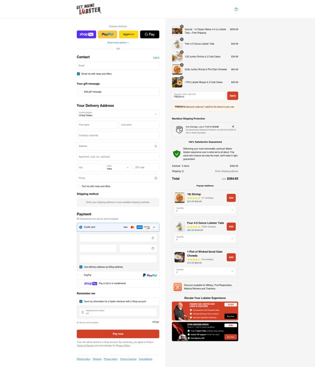 GetMaineLobster.com checkout page showing GetMaineLobster.com discount code box | Screenshot taken by SimplyCodes community member on Aug 6, 2025