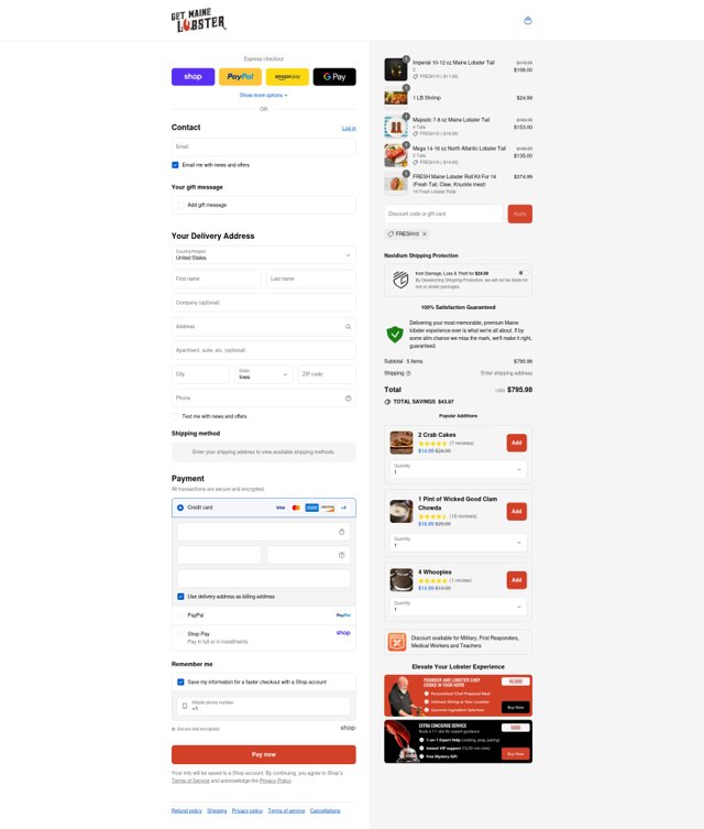 GetMaineLobster.com checkout page showing GetMaineLobster.com discount code box | Screenshot taken by SimplyCodes community member on Sep 5, 2025