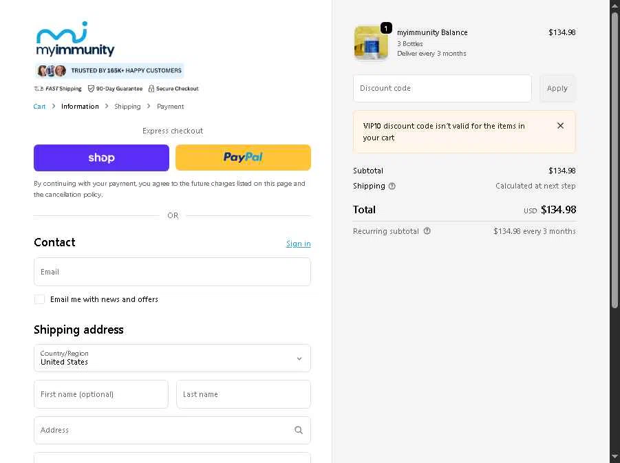 MyImmunity Balance checkout page showing MyImmunity Balance promo code box | Screenshot taken by SimplyCodes community member on Dec 31, 2025