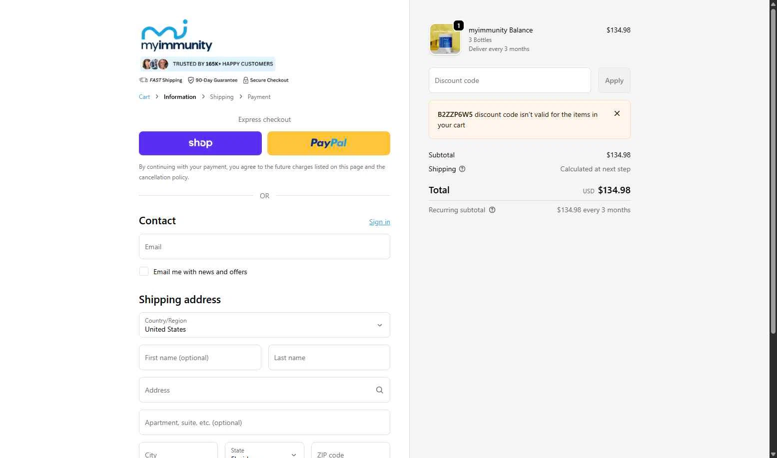 MyImmunity Balance checkout page showing MyImmunity Balance promo code box | Screenshot taken by SimplyCodes community member on Jan 5, 2026
