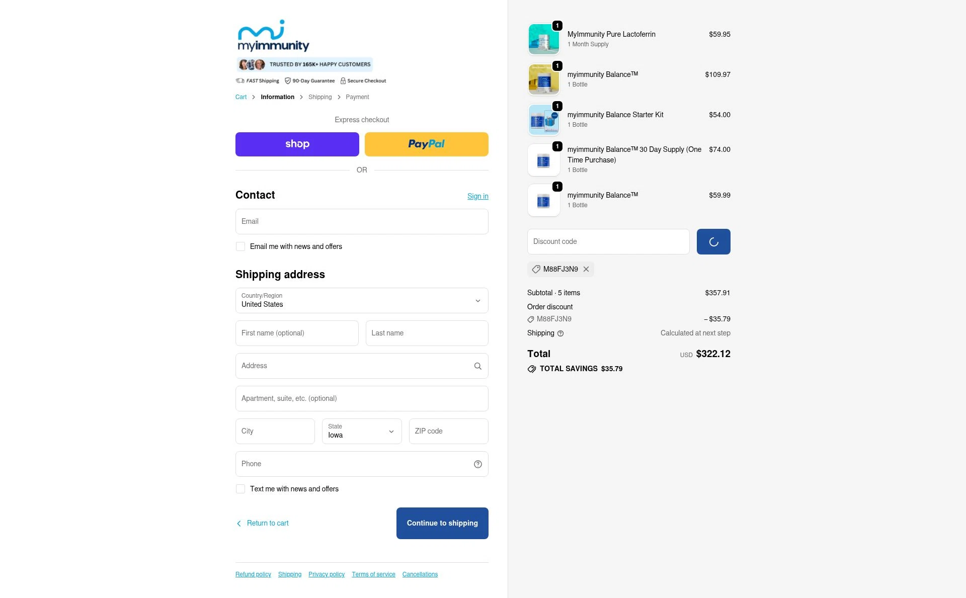MyImmunity Balance checkout page showing MyImmunity Balance promo code box | Screenshot taken by SimplyCodes community member on Jan 5, 2026