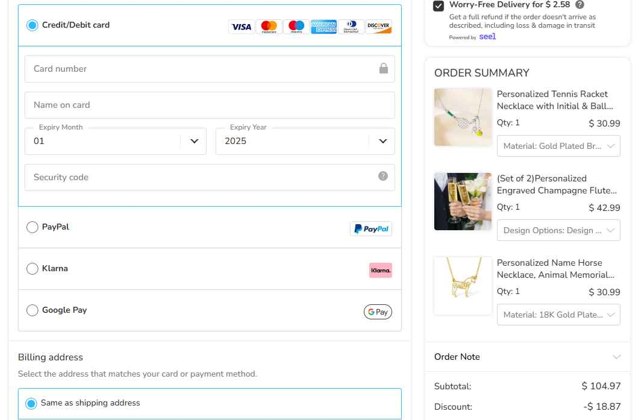 GetNameNecklace checkout page showing GetNameNecklace coupon code box | Screenshot taken by SimplyCodes community member on Sep 1, 2025