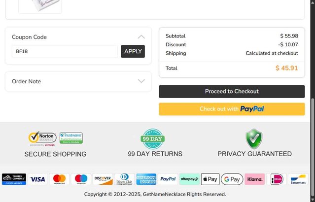GetNameNecklace checkout page showing GetNameNecklace coupon code box | Screenshot taken by SimplyCodes community member on Sep 1, 2025