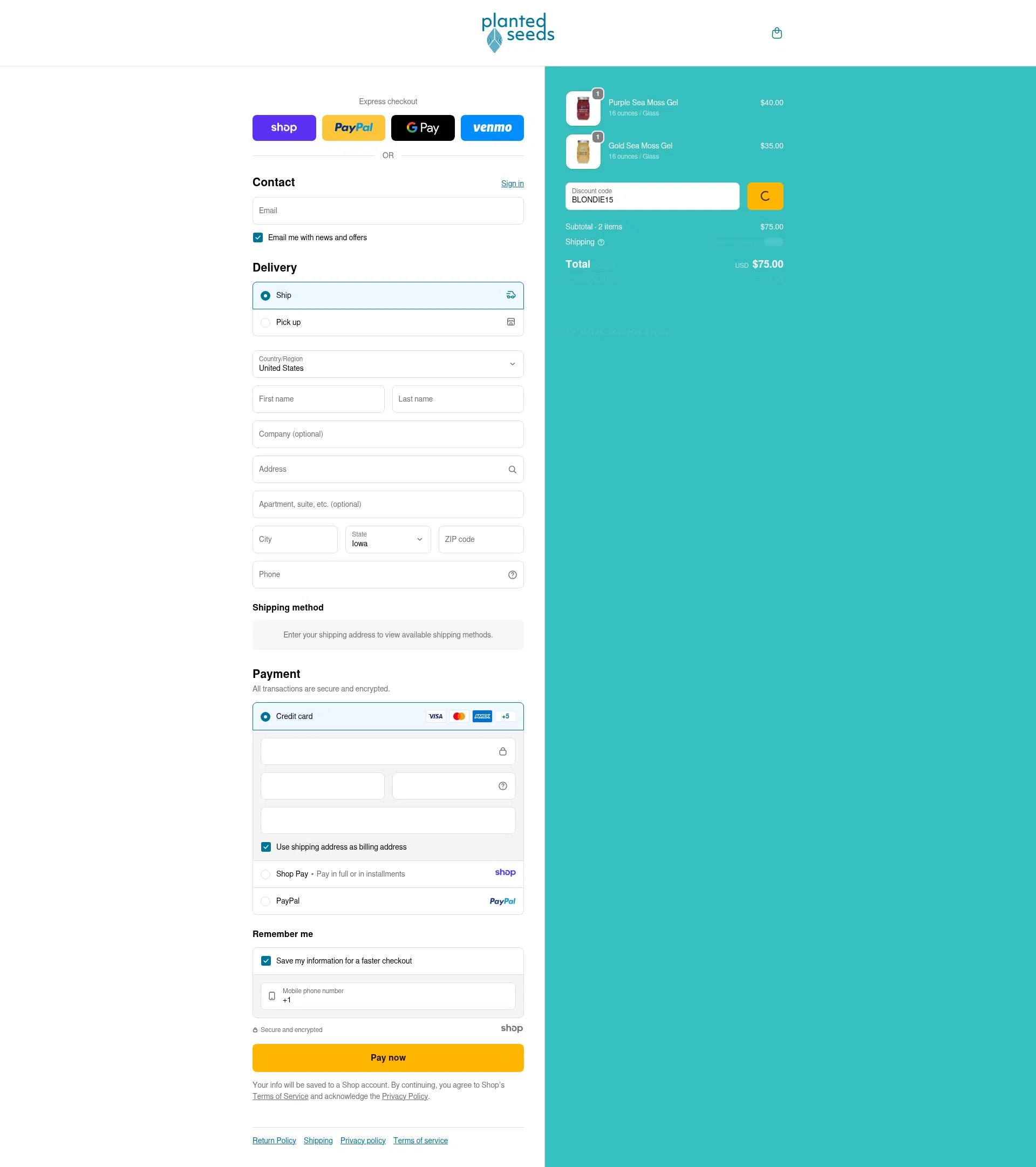 Planted Seeds Sea Moss checkout page showing Planted Seeds Sea Moss promo code box | Screenshot taken by SimplyCodes community member on Jan 7, 2026