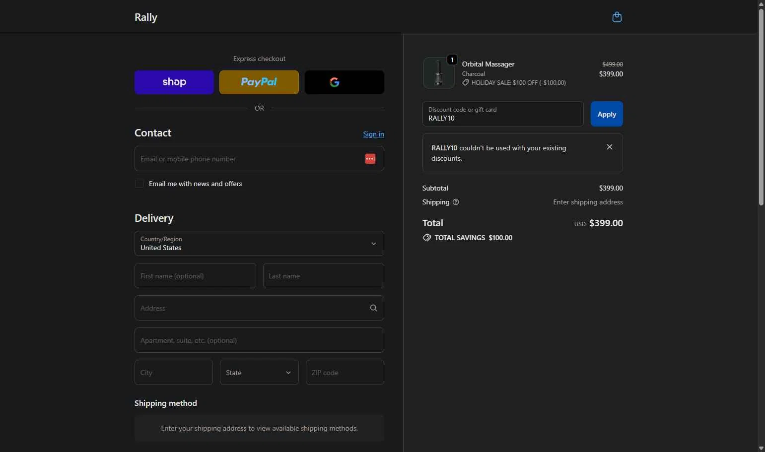 Rally.co checkout page showing Rally.co promo code box | Screenshot taken by SimplyCodes community member on Dec 9, 2025