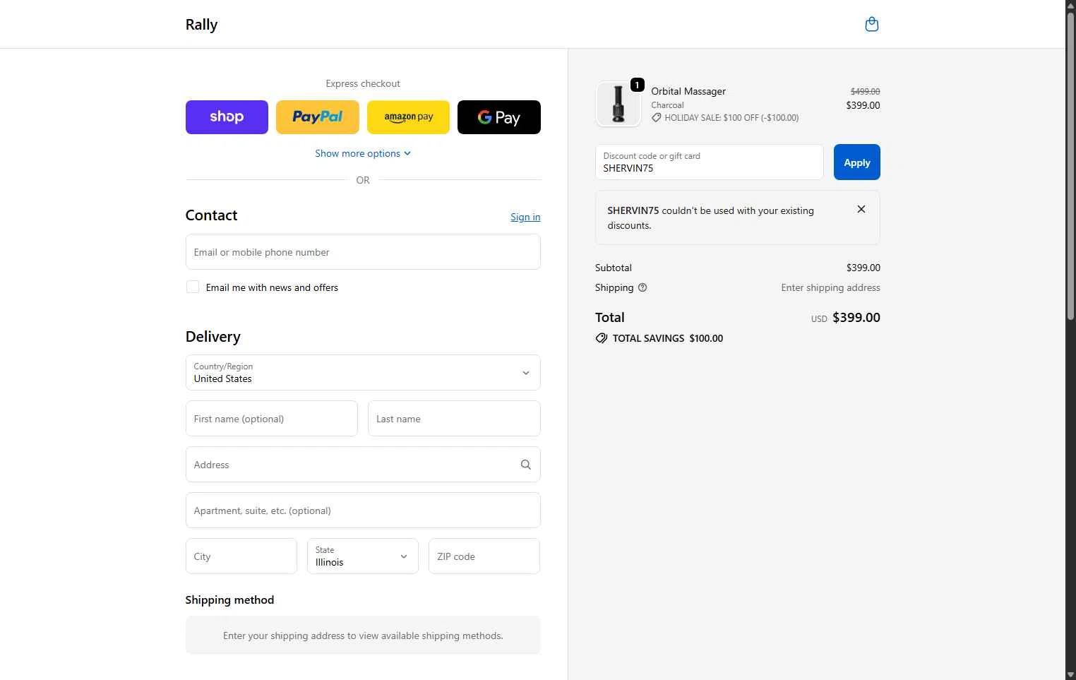 Rally.co checkout page showing Rally.co promo code box | Screenshot taken by SimplyCodes community member on Dec 10, 2025