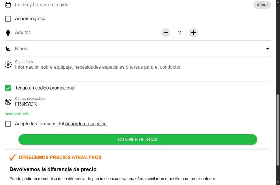 GetTransfer.com checkout page showing GetTransfer.com promo code box | Screenshot taken by SimplyCodes community member on Dec 12, 2025