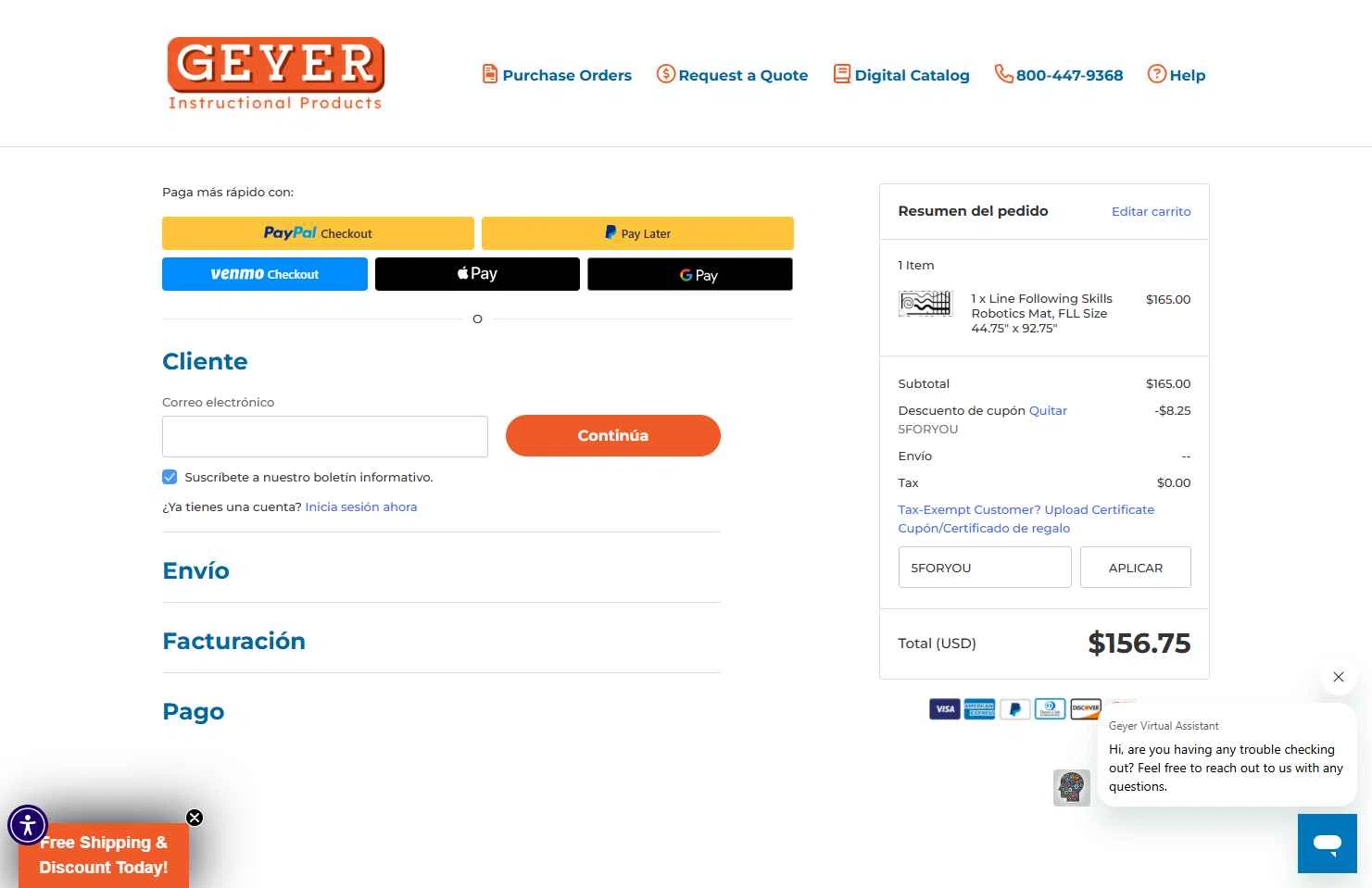 Geyer Instructional checkout page showing Geyer Instructional promo code box | Screenshot taken by SimplyCodes community member on Aug 6, 2025