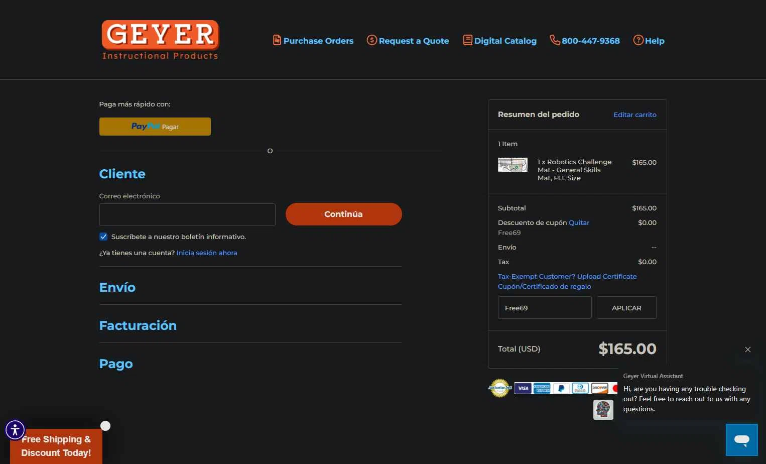 Geyer Instructional checkout page showing Geyer Instructional promo code box | Screenshot taken by SimplyCodes community member on Aug 21, 2025