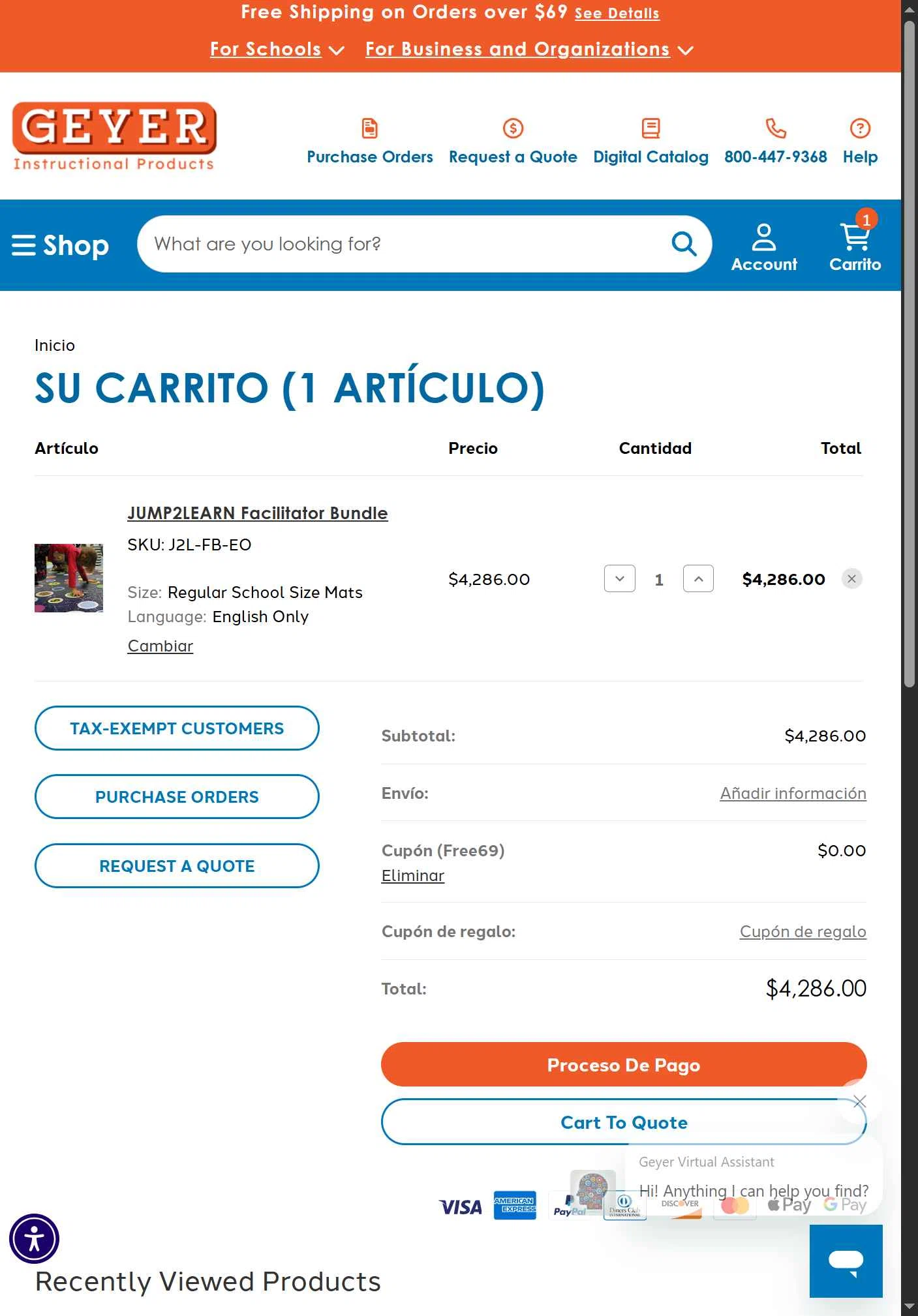 Geyer Instructional checkout page showing Geyer Instructional promo code box | Screenshot taken by SimplyCodes community member on Sep 19, 2025