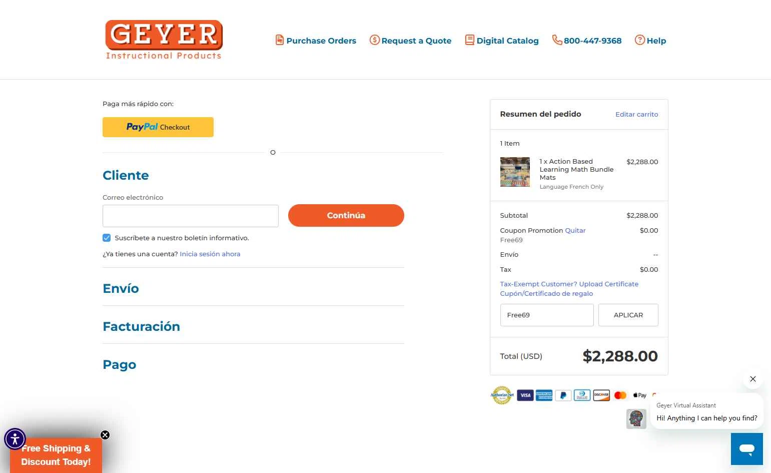 Geyer Instructional checkout page showing Geyer Instructional promo code box | Screenshot taken by SimplyCodes community member on Dec 15, 2025