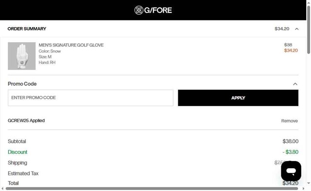 G/Fore checkout page showing G/Fore promo code box | Screenshot taken by SimplyCodes community member on Jul 30, 2025