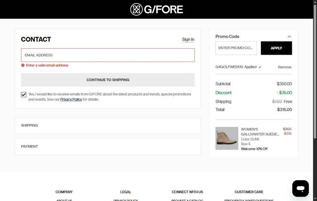 G/Fore checkout page showing G/Fore promo code box | Screenshot taken by SimplyCodes community member on Sep 5, 2025