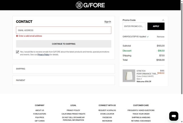 G/Fore checkout page showing G/Fore promo code box | Screenshot taken by SimplyCodes community member on Sep 5, 2025