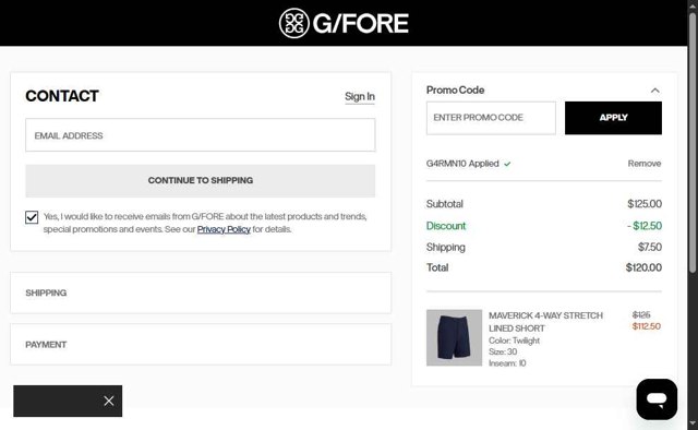 G/Fore checkout page showing G/Fore promo code box | Screenshot taken by SimplyCodes community member on Jul 28, 2025