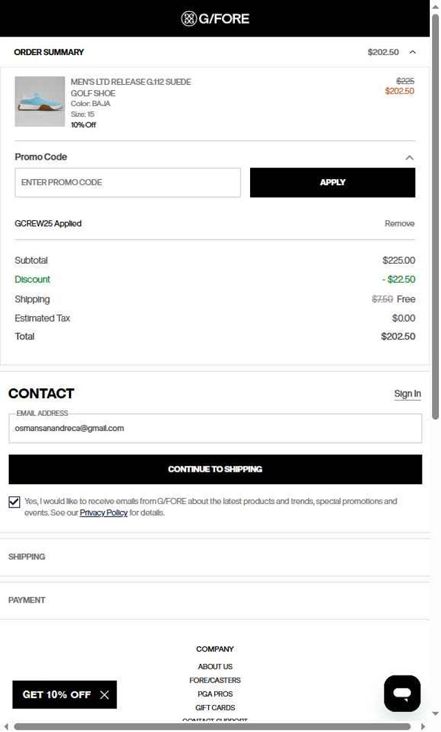 G/Fore checkout page showing G/Fore promo code box | Screenshot taken by SimplyCodes community member on Aug 28, 2025