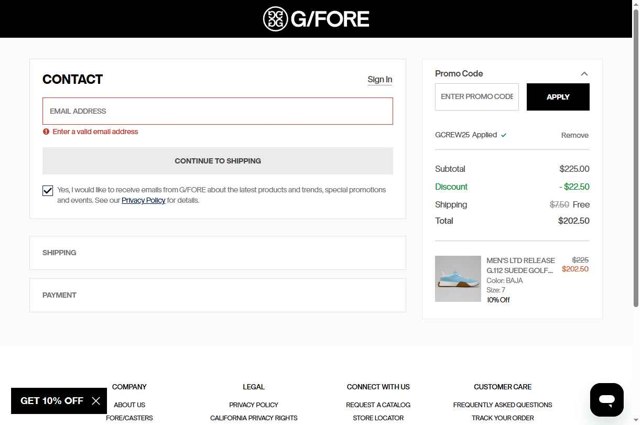 G/Fore checkout page showing G/Fore promo code box | Screenshot taken by SimplyCodes community member on Aug 31, 2025