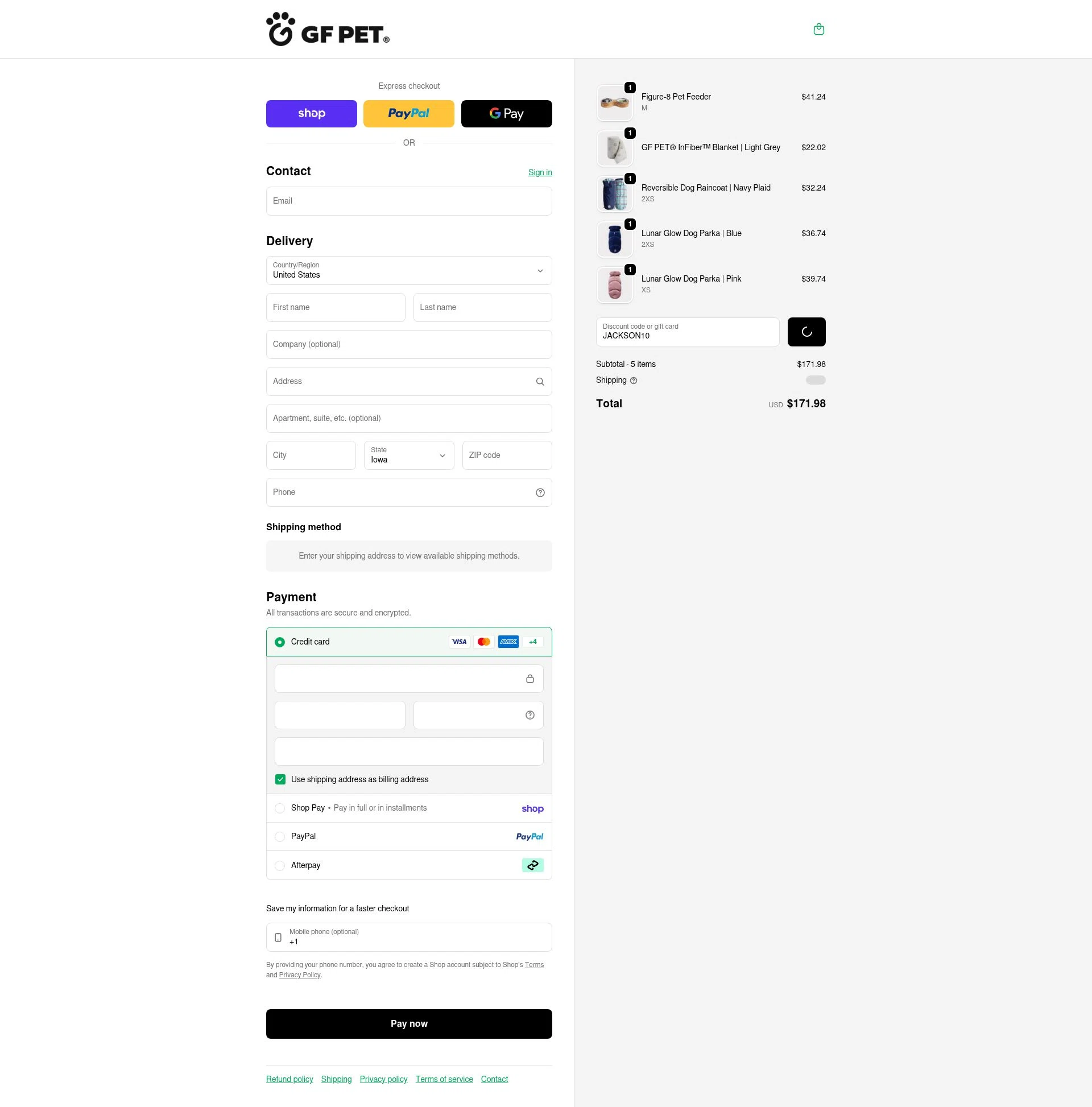 GF Pet checkout page showing GF Pet discount code box | Screenshot taken by SimplyCodes community member on Feb 1, 2026