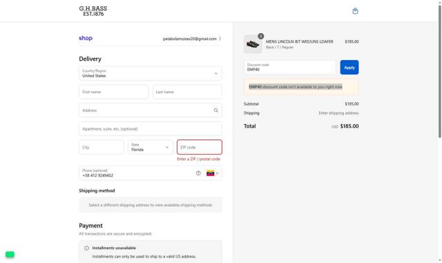 G.H. Bass & Co checkout page showing G.H. Bass & Co promo code box | Screenshot taken by SimplyCodes community member on Sep 1, 2025