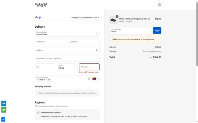 G.H. Bass & Co checkout page showing G.H. Bass & Co promo code box | Screenshot taken by SimplyCodes community member on Sep 10, 2025
