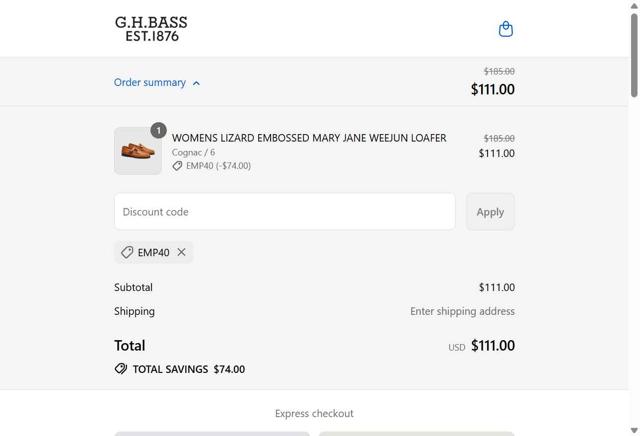 G.H. Bass & Co checkout page showing G.H. Bass & Co promo code box | Screenshot taken by SimplyCodes community member on Sep 4, 2025
