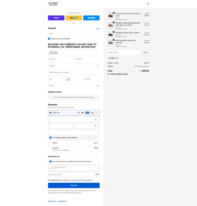 G.H. Bass & Co checkout page showing G.H. Bass & Co promo code box | Screenshot taken by SimplyCodes community member on Sep 8, 2025