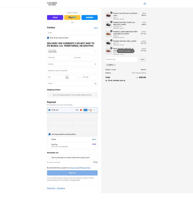 G.H. Bass & Co checkout page showing G.H. Bass & Co promo code box | Screenshot taken by SimplyCodes community member on Sep 4, 2025