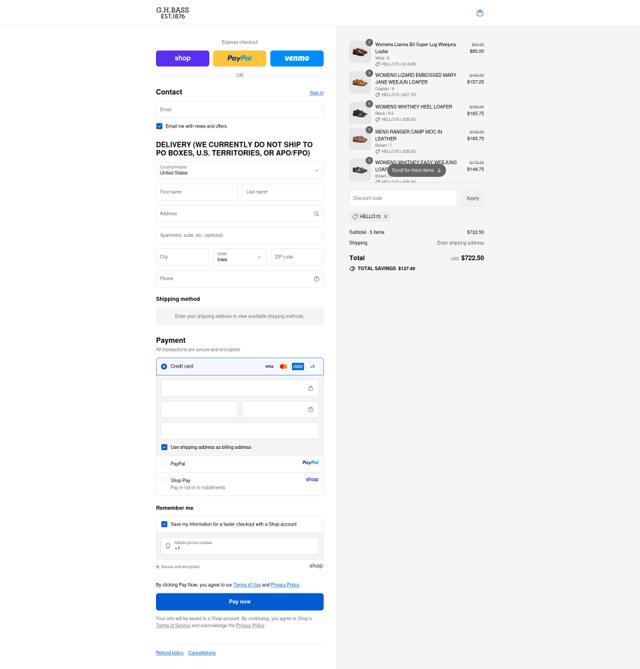 G.H. Bass & Co checkout page showing G.H. Bass & Co promo code box | Screenshot taken by SimplyCodes community member on Sep 12, 2025