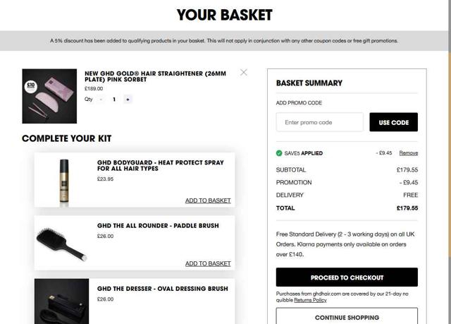 ghd checkout page showing ghd promo code box | Screenshot taken by SimplyCodes community member on Aug 10, 2025