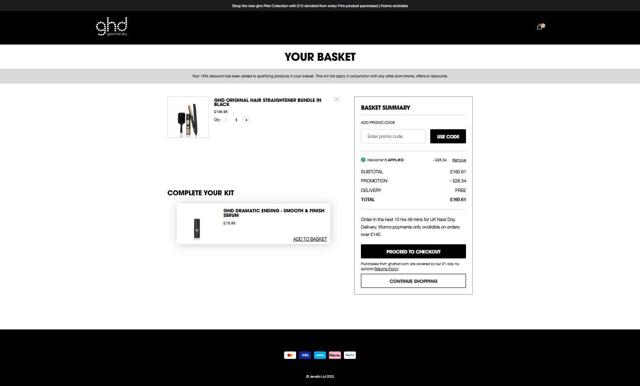 ghd checkout page showing ghd promo code box | Screenshot taken by SimplyCodes community member on Aug 27, 2025