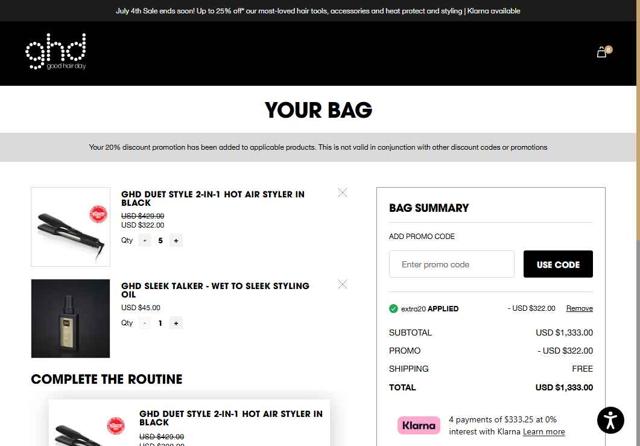 ghd checkout page showing ghd promo code box | Screenshot taken by SimplyCodes community member on Jul 8, 2025