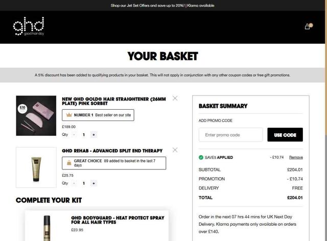 ghd checkout page showing ghd promo code box | Screenshot taken by SimplyCodes community member on Jul 30, 2025