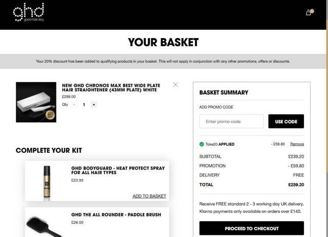 ghd checkout page showing ghd promo code box | Screenshot taken by SimplyCodes community member on Aug 24, 2025