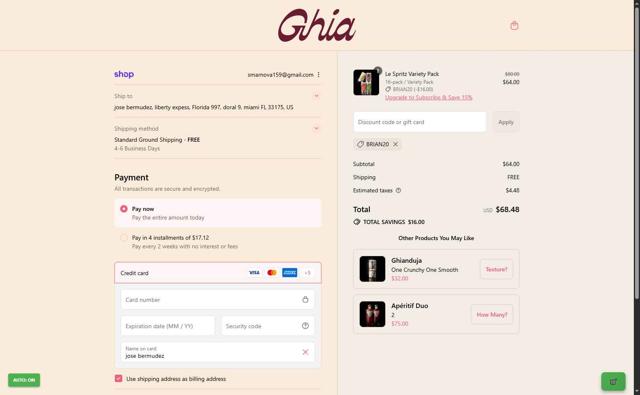 Ghia checkout page showing Ghia discount code box | Screenshot taken by SimplyCodes community member on Sep 13, 2025