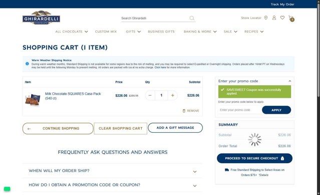 Ghirardelli checkout page showing Ghirardelli promo code box | Screenshot taken by SimplyCodes community member on Aug 25, 2025