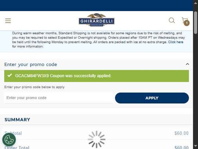 Ghirardelli checkout page showing Ghirardelli promo code box | Screenshot taken by SimplyCodes community member on Aug 23, 2025