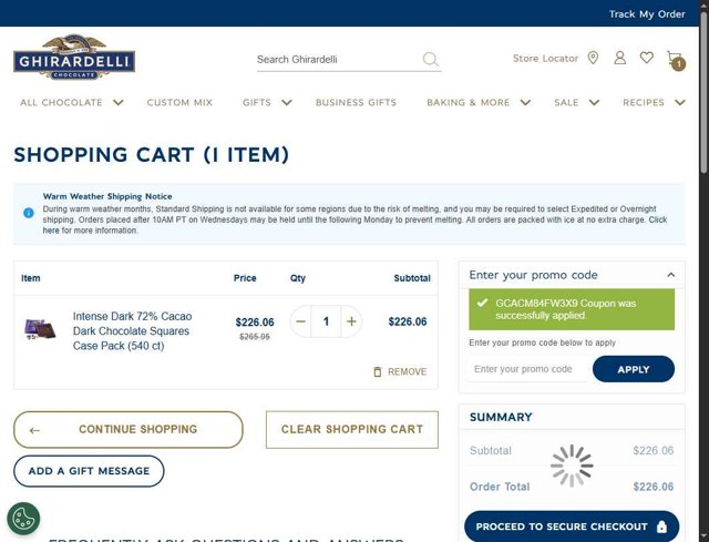 Ghirardelli checkout page showing Ghirardelli promo code box | Screenshot taken by SimplyCodes community member on Aug 1, 2025