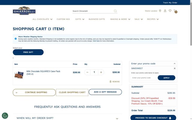 Ghirardelli checkout page showing Ghirardelli promo code box | Screenshot taken by SimplyCodes community member on Jul 25, 2025
