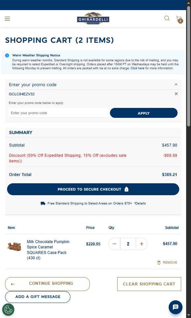 Ghirardelli checkout page showing Ghirardelli promo code box | Screenshot taken by SimplyCodes community member on Sep 3, 2025