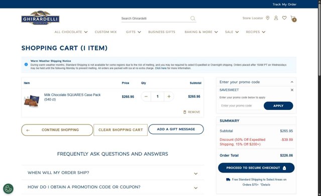 Ghirardelli checkout page showing Ghirardelli promo code box | Screenshot taken by SimplyCodes community member on Sep 5, 2025