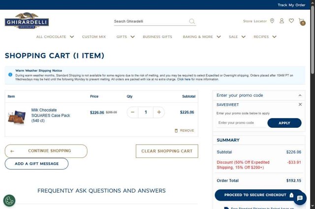 Ghirardelli checkout page showing Ghirardelli promo code box | Screenshot taken by SimplyCodes community member on Aug 14, 2025